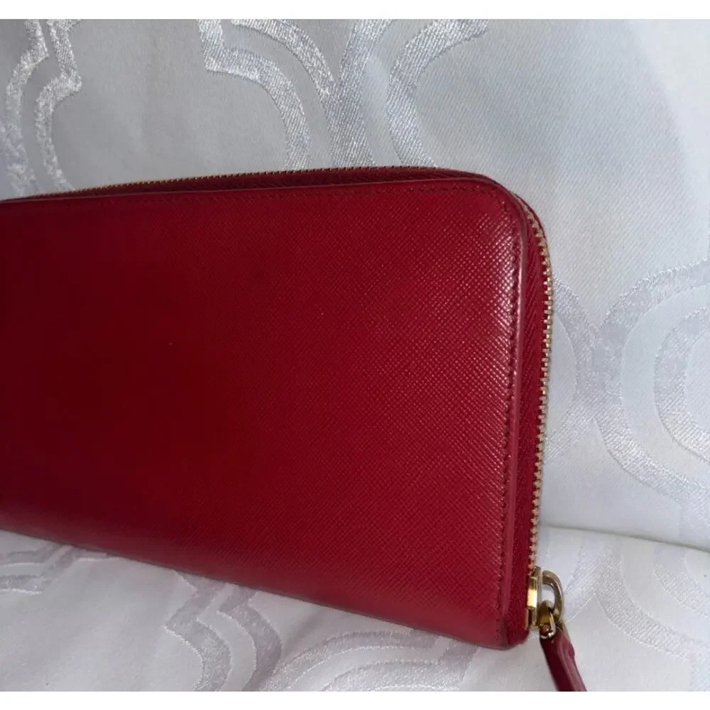 Prada Milano Red Saffiano Leather Bow Zip Around Wallet Quiet Luxury Designer